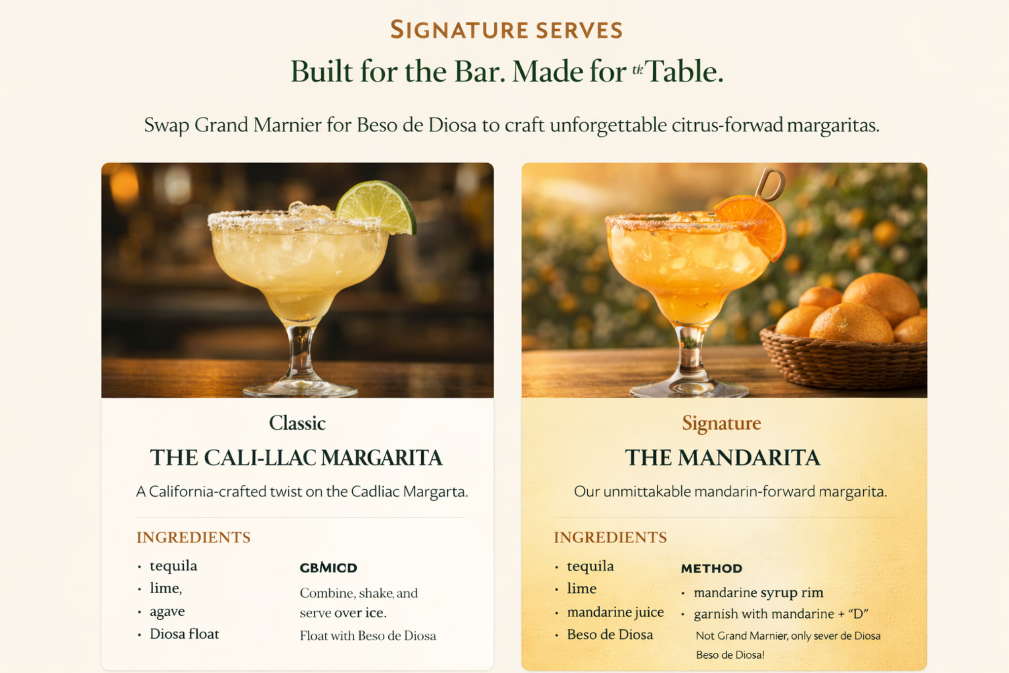 The Cali-llac Margarita and The Mandarita — signature cocktails using Beso de Diosa